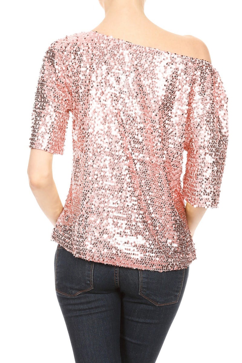 Anna-Kaci Womens Short Sleeve One Shoulder Sparkly Glitter Sequin Top Shirt Blouse, Pink, Large - Image 2